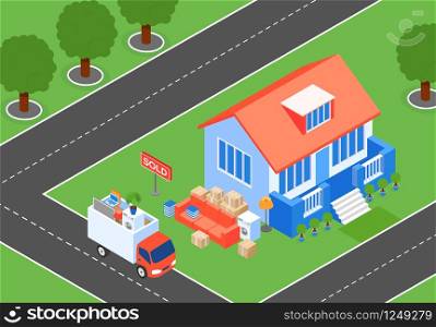 Vector Illustration Furniture Transportation. Furniture Van Arrived at House. Loading and Unloading Operations for Comfortable move with Furniture and Belongings. Near House on Lawn Sign Sold.. Vector Furniture Transportation Sold House.