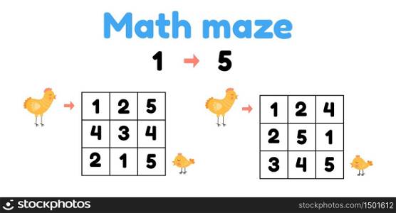 Vector illustration. game for preschool children. mathematical maze. Help the chicken to find the chick. find numbers from 1 to 5. game for preschool children. mathematical maze. Help the chicken to find the chick. find numbers from 1 to 5