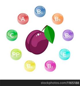 Vector illustration. Garden berry plum with green leaf. Infographics. Vitamins. Vector illustration. Garden berry plum with green leaf. Infographics.