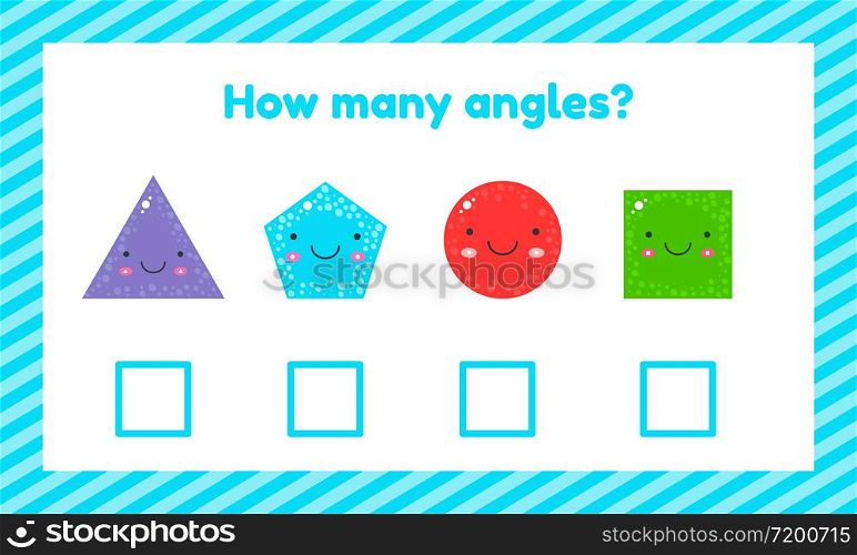 Vector illustration. Geometric logical educational game for children of preschool and school age. How many angles . Geometric logical educational game for children of preschool and school age. How many angles