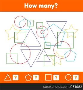 Vector illustration. Geometric logical educational game for children of preschool and school age. How many figures . Geometric logical educational game for children of preschool and school age. How many figures