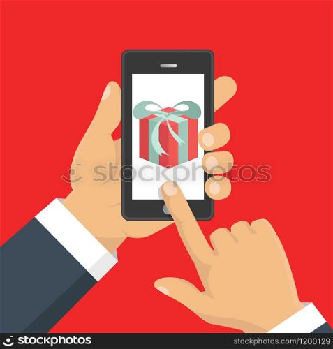 Vector illustration. Gift app page on smartphone screen. Hand hold smartphone. Mobile concept for web banners, web sites, infographics. . Gift app page on smartphone screen. Hand hold smartphone. Mobile concept for web banners, web sites, infographics. Vector illustration