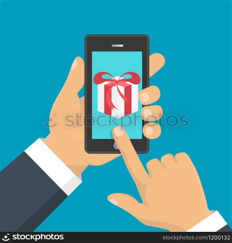Vector illustration. Gift app page on smartphone screen. Hand hold smartphone. Mobile concept for web banners, web sites, infographics. . Gift app page on smartphone screen. Hand hold smartphone. Mobile concept for web banners, web sites, infographics. Vector illustration