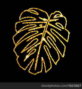 Vector illustration. Glitter texture gold tropical line leaf monstera on black background.. Glitter texture gold tropical line leaf monstera on black background.