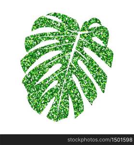 Vector illustration. Glitter texture green tropical leaf monstera isolated on white background.