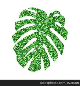Vector illustration. Glitter texture green tropical leaf monstera isolated on white background.. Vector illustration. Glitter texture green tropical leaf monstera isolated on white background