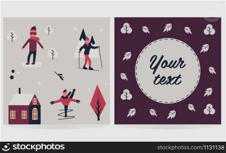 Vector illustration. Greeting card template with different characters and elements in minimalistic style. Greeting card with different characters, elements
