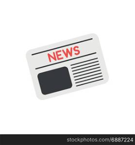 Vector illustration grey newspaper icon front page with red news text and shapes symbolize news picture and writing on white background with flat design style.