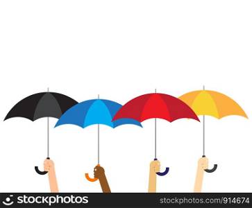 Vector illustration group of hands holding umbrellas isolated on white background