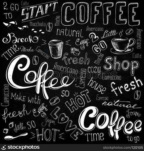Vector illustration hand drawn coffee to go, cups, mugs, beans and lettering types . Black and white. coffee to go, cups, mugs, beans and lettering types
