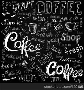 Vector illustration hand drawn coffee to go, cups, mugs, beans and lettering types . Black and white. coffee to go, cups, mugs, beans and lettering types