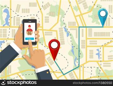 Vector illustration. Hand holding a phone, calling in service delivery. Concept of free, fast delivery, shipping.. Hand holding a phone, calling in service delivery. Concept of free, fast delivery, shipping. Vector illustration.