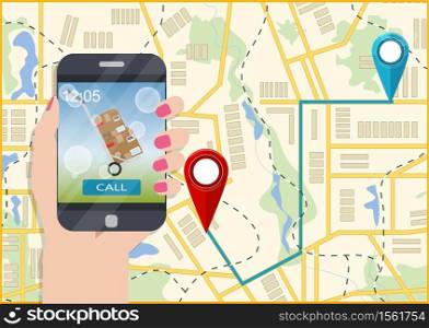 Vector illustration. Hand holding a phone, calling in service delivery. Concept of free, fast delivery, shipping.. Hand holding a phone, calling in service delivery. Concept of free, fast delivery, shipping. Vector illustration.
