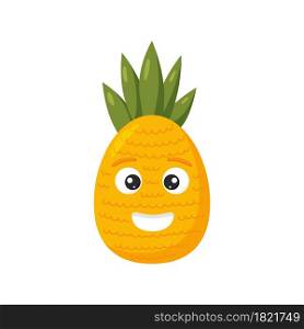 Vector illustration. Happy cute pineapple for kids in cartoon style isolated on white background. Funny character fruit.. Happy cute pineapple for kids in cartoon style isolated on white background. Funny character fruit.