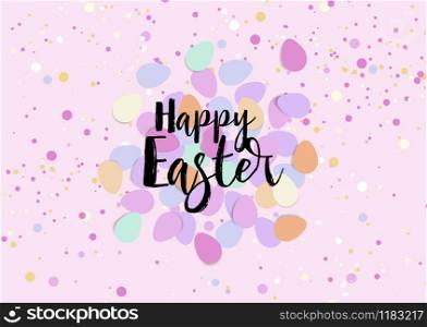 Vector illustration Happy Easter composition. Easter eggs, confetti on pink background. Flat lay, top view. Easter eggs, confetti