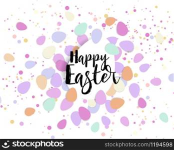 Vector illustration Happy Easter composition. Easter eggs, confetti on pink background. Flat lay, top view. Easter eggs, confetti