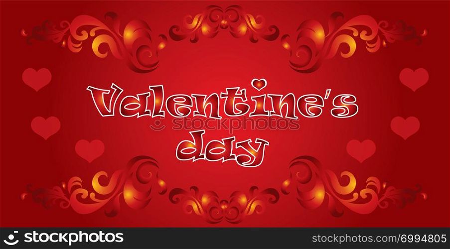 Vector illustration Happy Valentines day. Valentines banner with red hearts, decorative ornament on red gradient background.