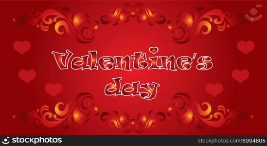 Vector illustration Happy Valentines day. Valentines banner with red hearts, decorative ornament on red gradient background.