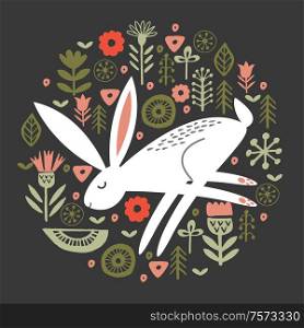 Vector illustration. Hare in a circular floral pattern, on a dark background.. Funny white hares in a circular floral pattern. Vector illustration on a dark background.