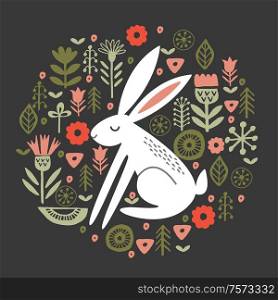 Vector illustration. Hare in a circular floral pattern, on a dark background.. Funny white hares in a circular floral pattern. Vector illustration on a dark background.