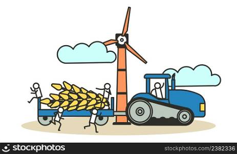 Vector illustration harvest wheat ears agriculture farmer. Man with tractor and windmill crop work background. Nature food plant garden organic. Rural eco poster gather agronomy concept