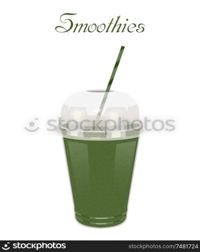 Vector illustration high glass cup with a green smoothie. Healthy nutrition - a smoothie. Color image of green smoothie on a white background with the text and the shadow.