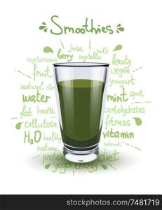 Vector illustration high glass cup with a green smoothies. Healthy nutrition - a smoothies. Color image of green smoothies on a white background with the text and the shadow.