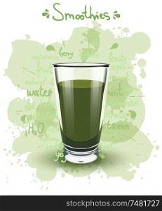 Vector illustration high glass cup with a green smoothies. Healthy nutrition - smoothies. Color image of green smoothies on a white background with the text, shadow and color blots
