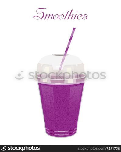 Vector illustration high glass cup with a purple smoothie. Healthy nutrition - a smoothie. Color image of purple smoothie on a white background with the text and the shadow.