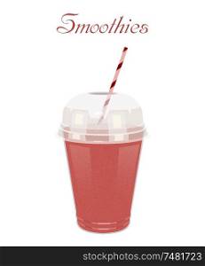 Vector illustration high glass cup with a red smoothie. Healthy nutrition - a smoothie. Color image of red smoothie on a white background with the text and the shadow.