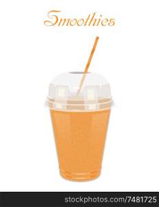 Vector illustration high glass cup with a yellow smoothie. Healthy nutrition - a smoothie. Color image of yellow smoothie on a white background with the text and the shadow.