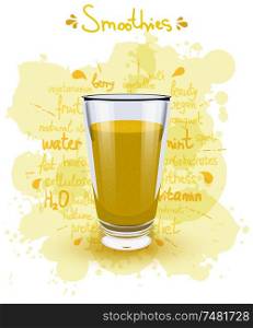 Vector illustration high glass cup with a yellow smoothies. Healthy nutrition - smoothies. Color image of yellow smoothies on a white background with the text, shadow and color blots