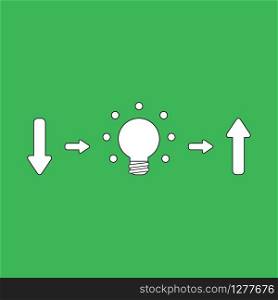 Vector illustration icon concept of arrow down, light bulb idea and arrow up. Black outlines, green background.
