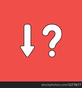 Vector illustration icon concept of arrow down with question mark. Black outlines, red background.