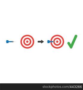 Vector illustration icon concept of bulls eye and dart in the center with check mark.