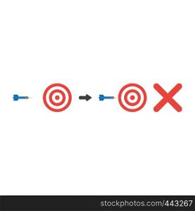 Vector illustration icon concept of bulls eye and dart miss the target with x mark.
