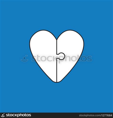Vector illustration icon concept of connected heart puzzle pieces. Black outlines, blue background.