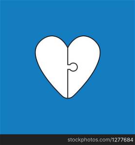 Vector illustration icon concept of connected heart puzzle pieces. Black outlines, blue background.