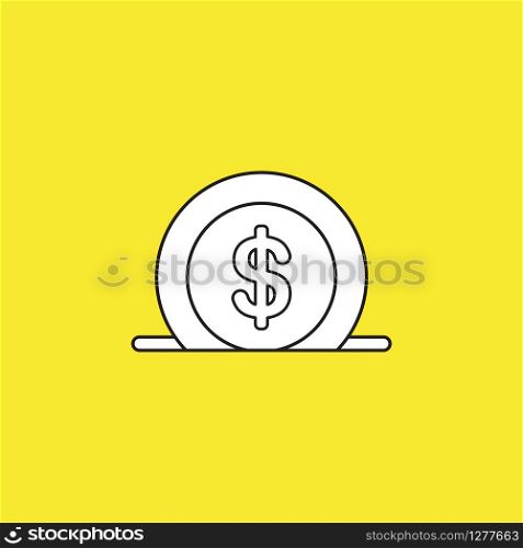 Vector illustration icon concept of dollar coin into moneybox hole. Black outlines, yellow background.