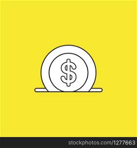 Vector illustration icon concept of dollar coin into moneybox hole. Black outlines, yellow background.