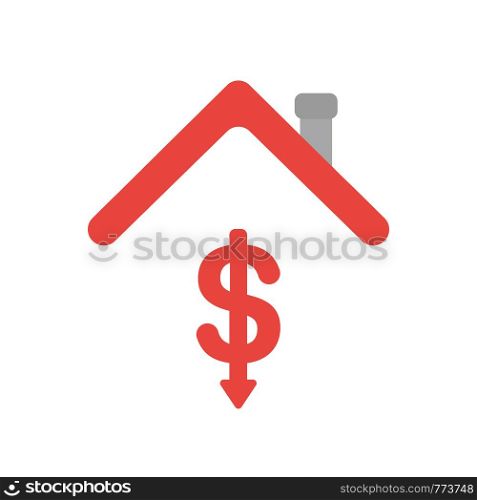 Vector illustration icon concept of dollar symbol arrow moving down under house roof.