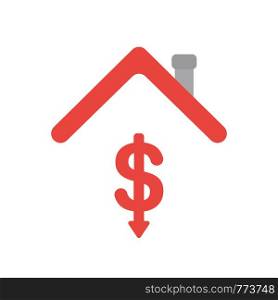 Vector illustration icon concept of dollar symbol arrow moving down under house roof.