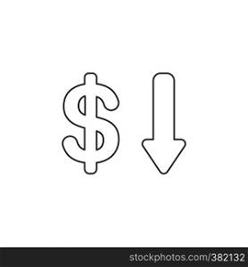Vector illustration icon concept of dollar with arrow moving down. Black outlines.