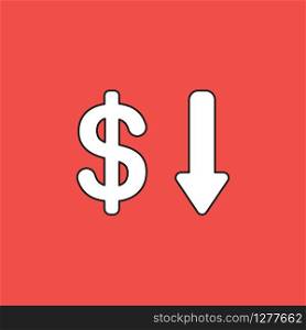 Vector illustration icon concept of dollar with arrow moving down. Black outlines, red background.