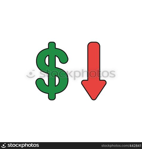 Vector illustration icon concept of dollar with arrow moving down. Colored and black outlines.