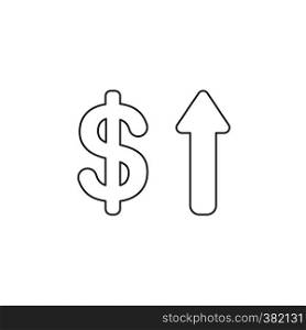 Vector illustration icon concept of dollar with arrow moving up. Black outlines.