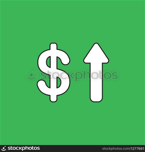 Vector illustration icon concept of dollar with arrow moving up. Black outlines, green background.