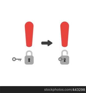 Vector illustration icon concept of exclamation mark with padlock and key unlock.