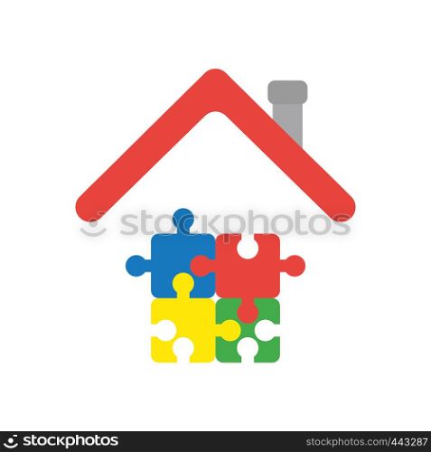 Vector illustration icon concept of four connected jigsaw puzzle pieces under house roof.