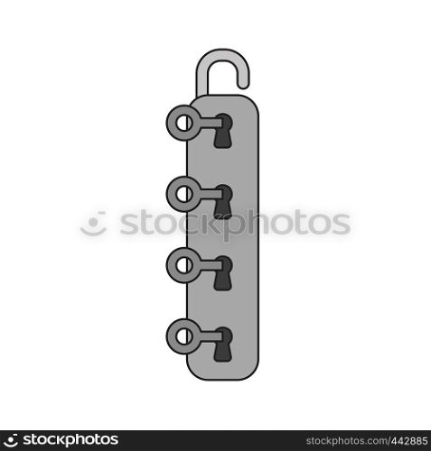 Vector illustration icon concept of four keys into four keyholes and unlock padlock. Colored and black outlines.